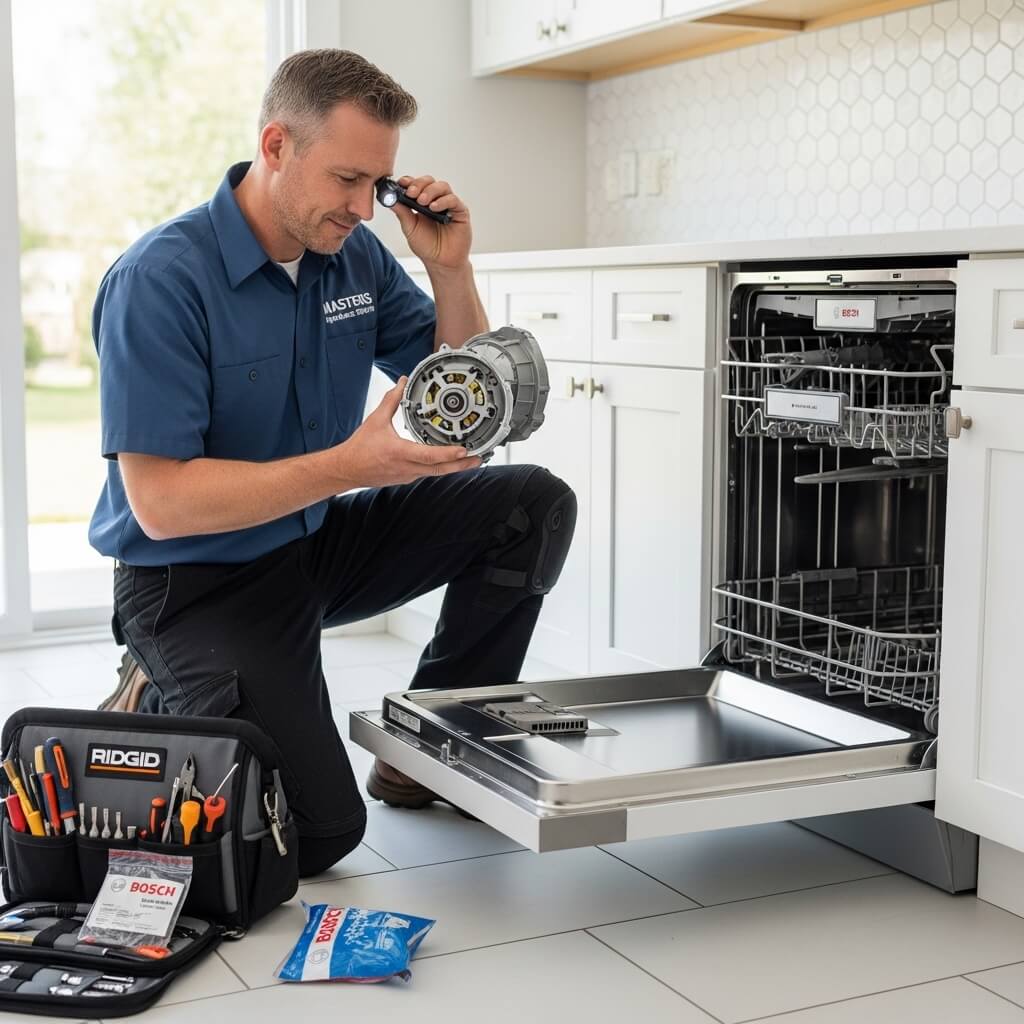 Professional Appliance Technician Inspecting Dishwasher Motor Component