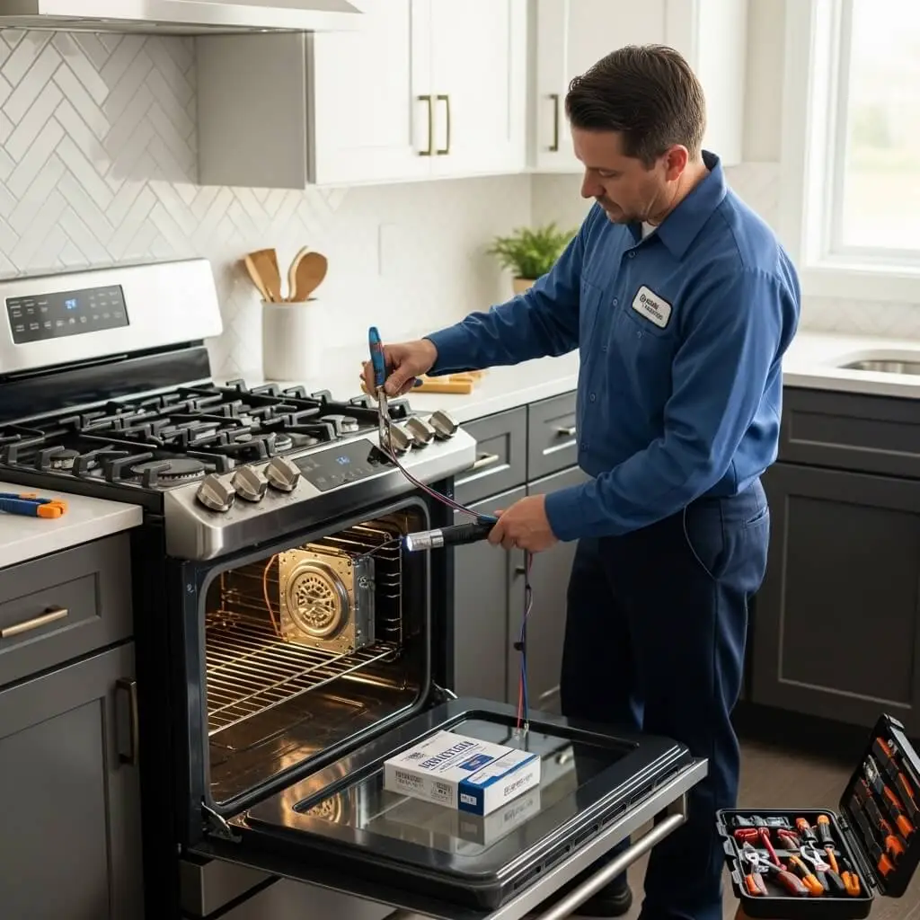 Certified Technician Repairing Gas Range Burner and Oven Components