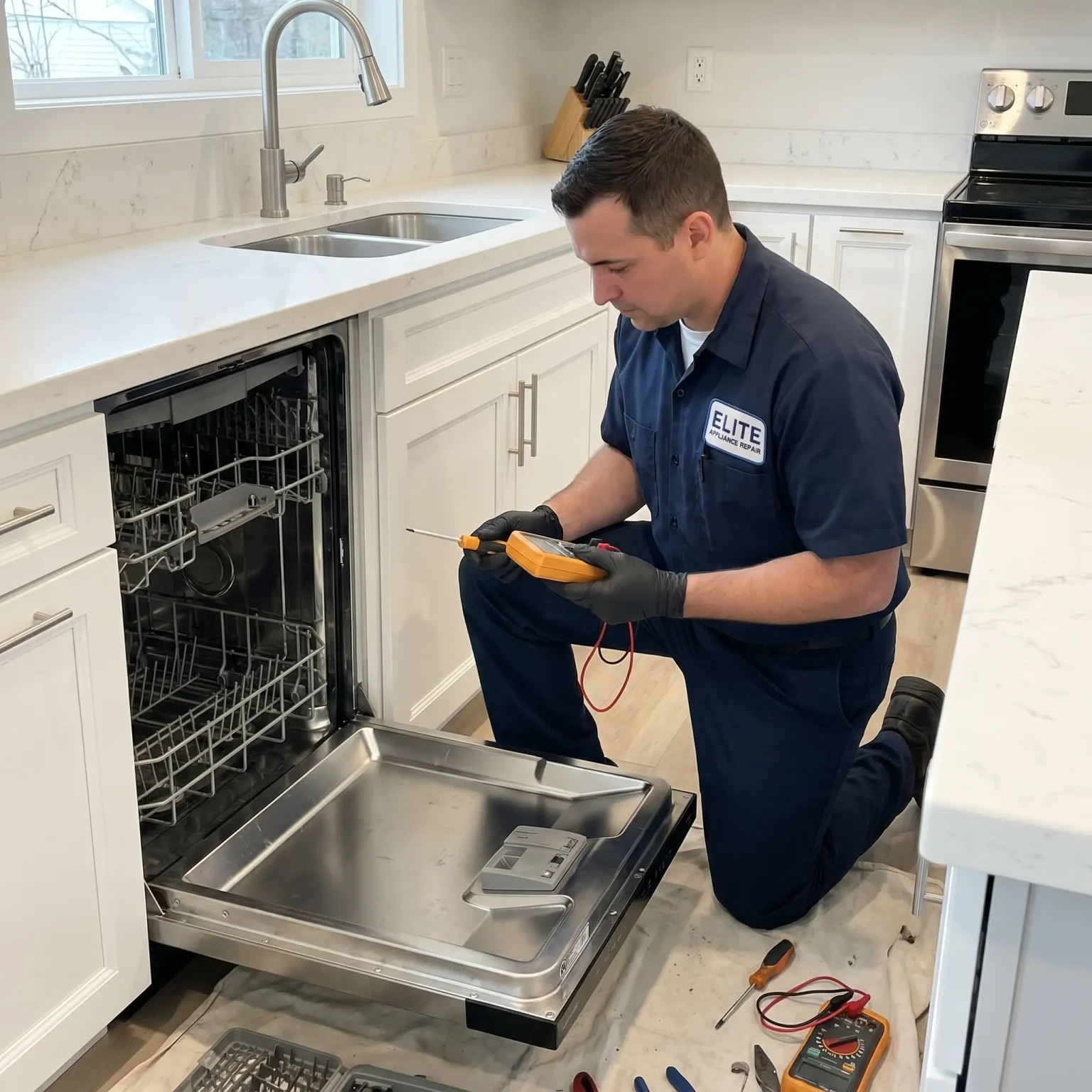 _Professional_appliance_technician_repairing_dishwasher