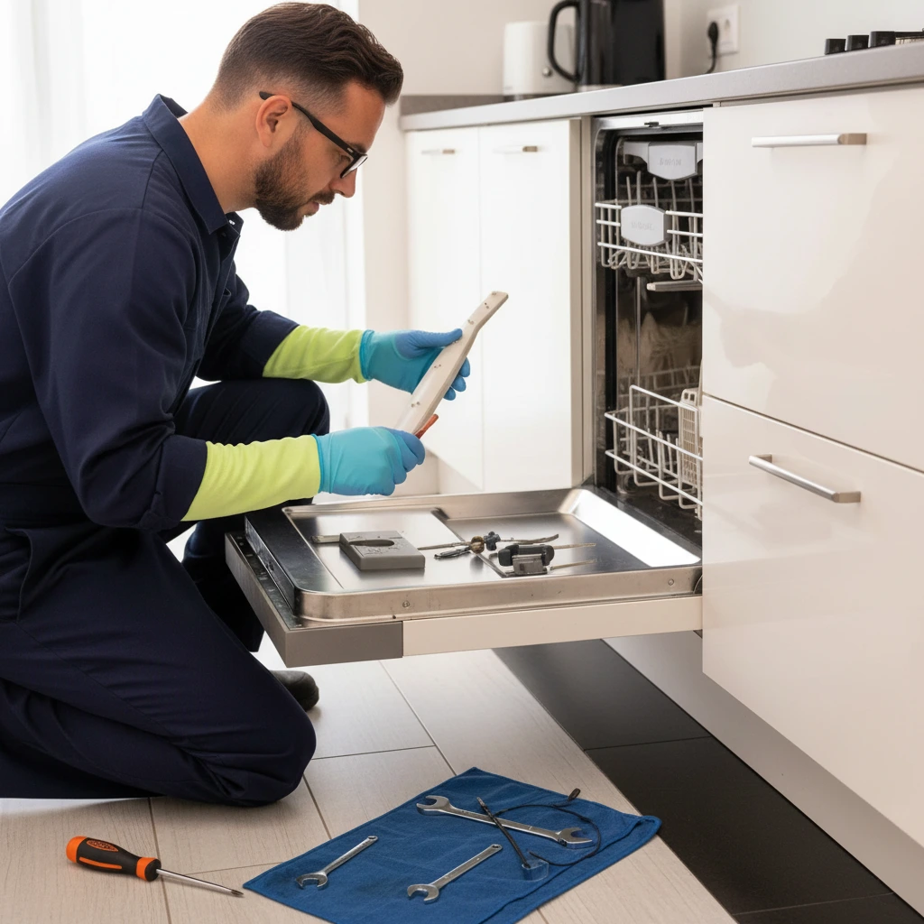 masters appliance rpr engineer repairing in set dishwasher