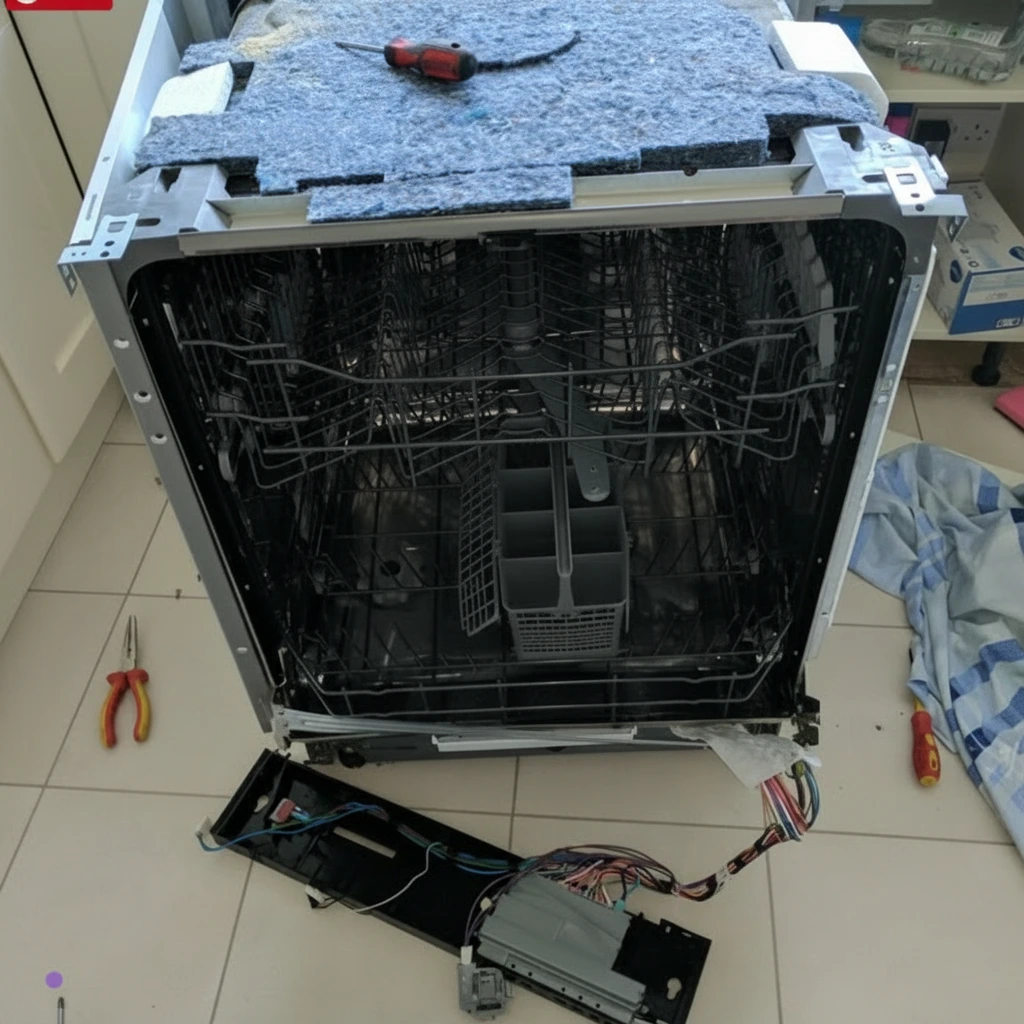 repairing dishwasher opend fully with all parts