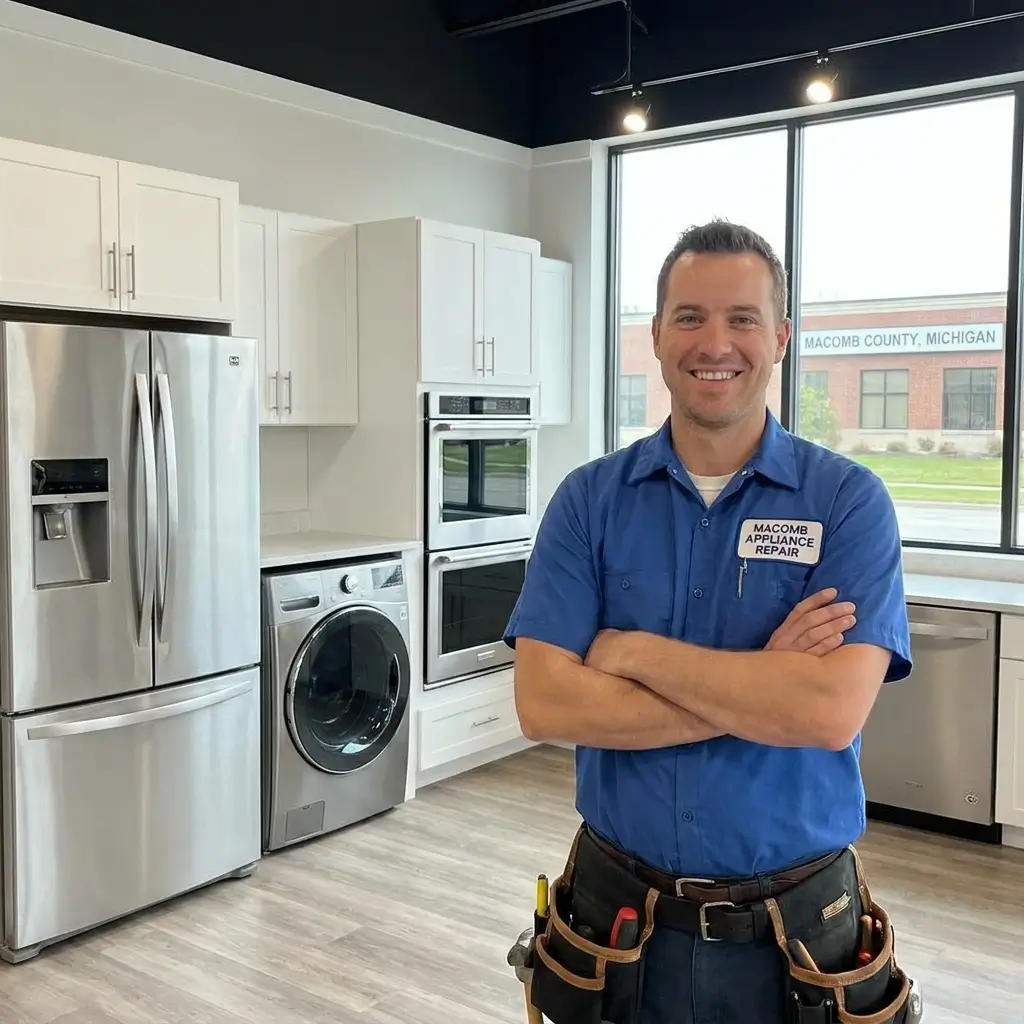 Macomb Appliance Repair technician in blue uniform with tool belt standing in front of refrigerator, washer, and wall oven in Macomb County Michigan