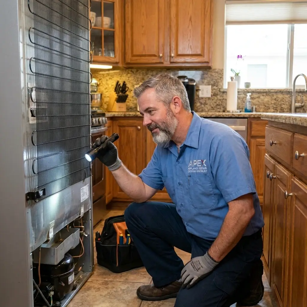 Appliance repair specialist inspecting fridge in livingstone county area
