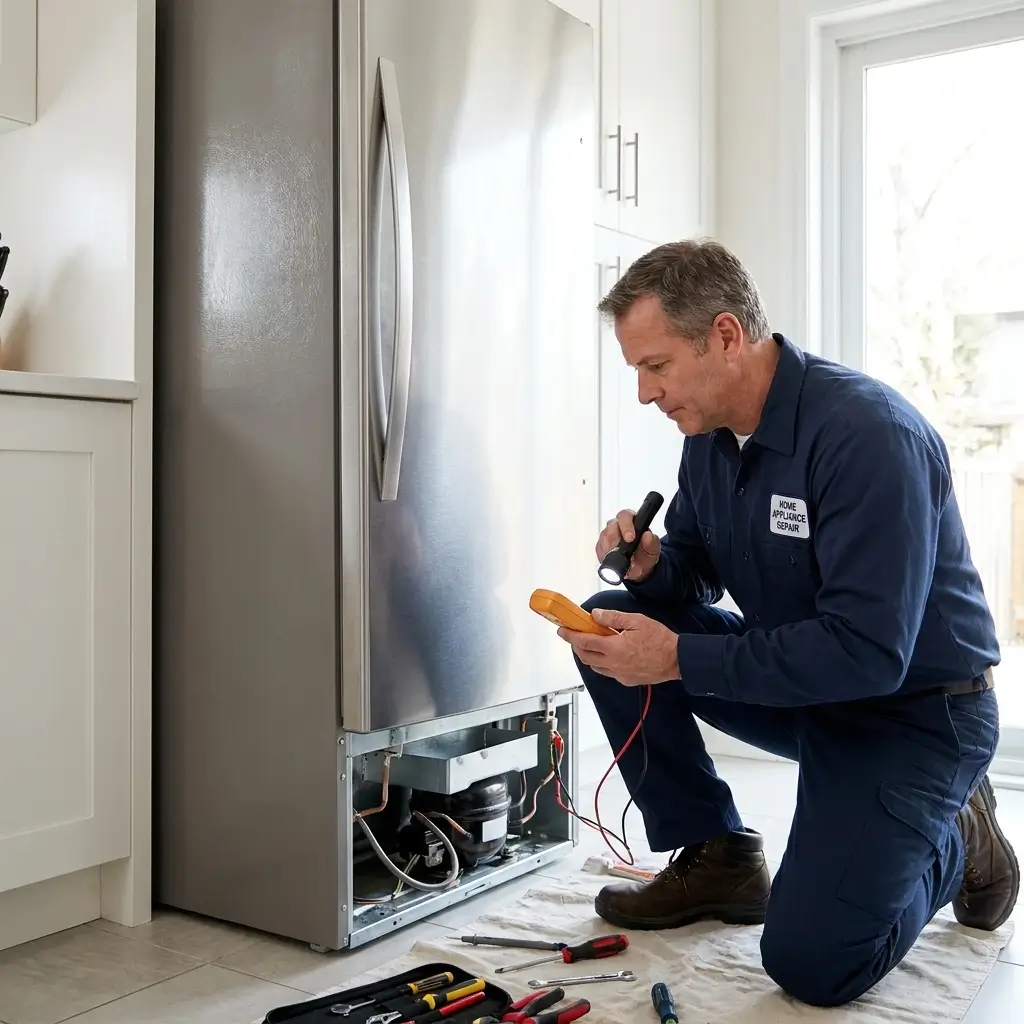 Appliance repair specialist inspecting refrigerator in Farmington.