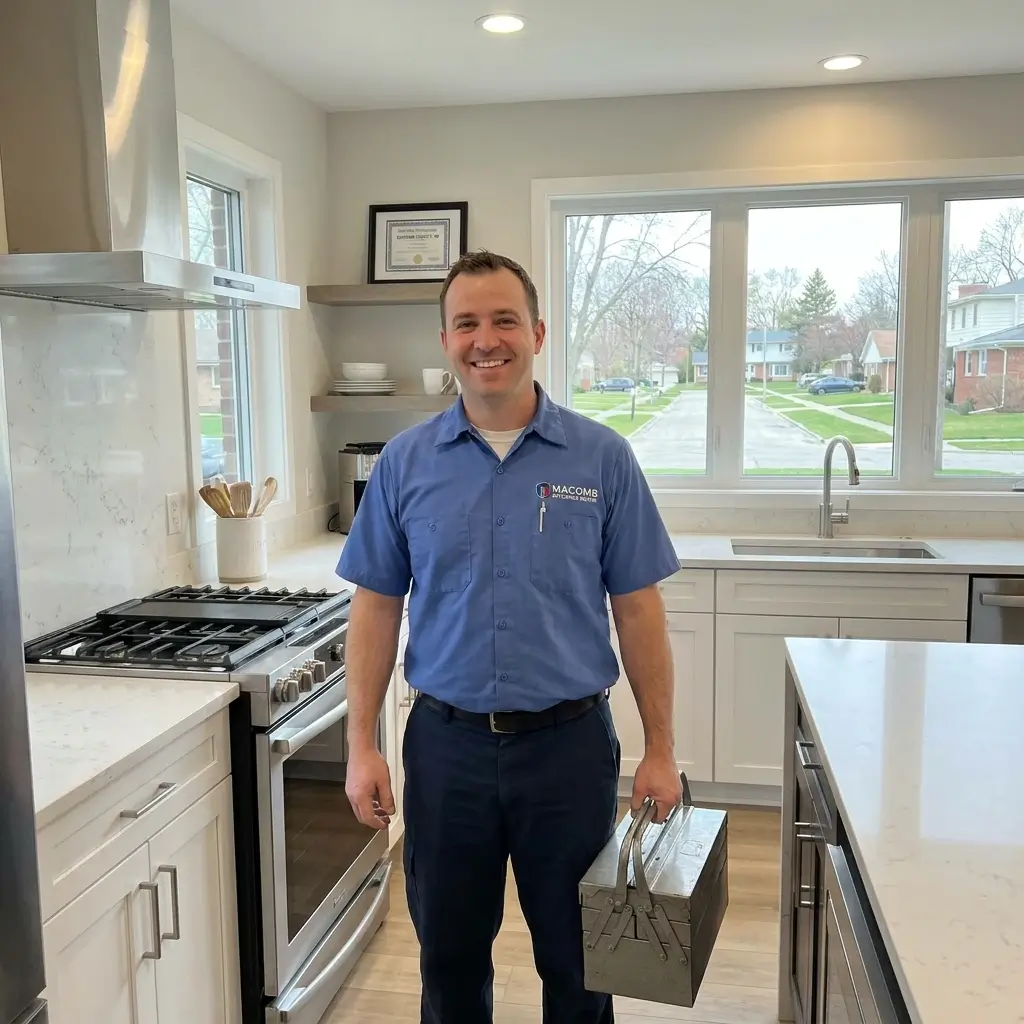 Macomb Appliance Repair technician smiling and holding a toolbox in a modern Macomb County kitchen with a gas range and white cabinets.