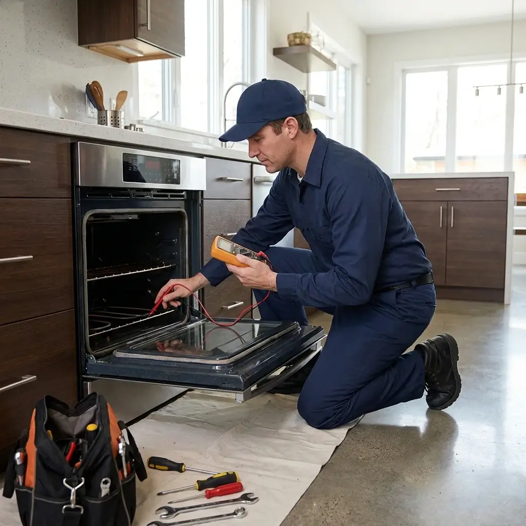Man repairing kitchen oven in a house in Farmington.