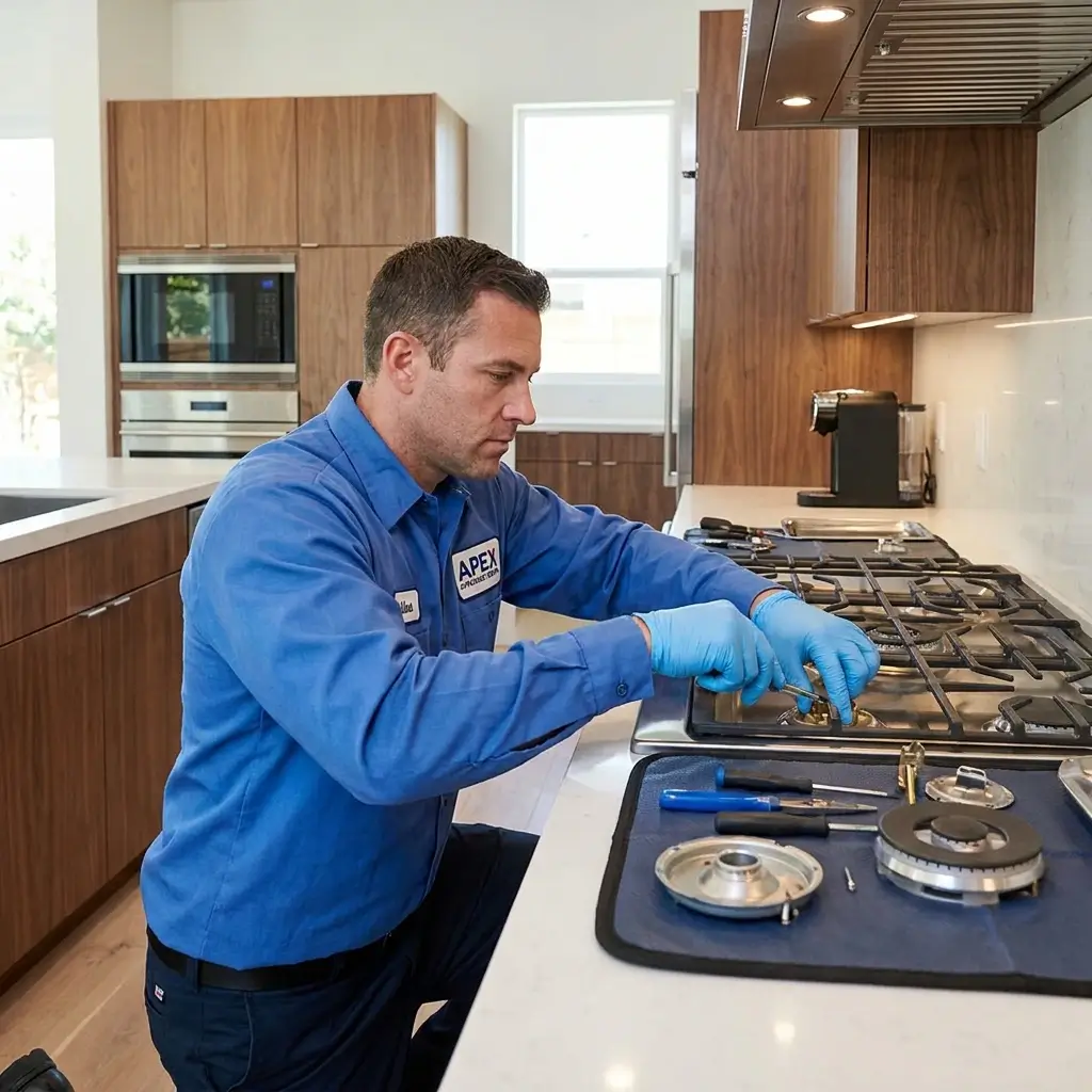 Technician fixing oven burner at Livingstone County.
