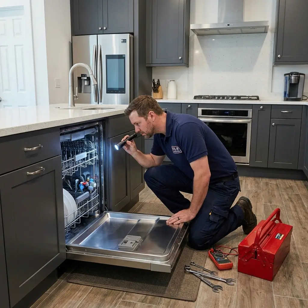 Technician_inspecting_dishwasher in farmington.