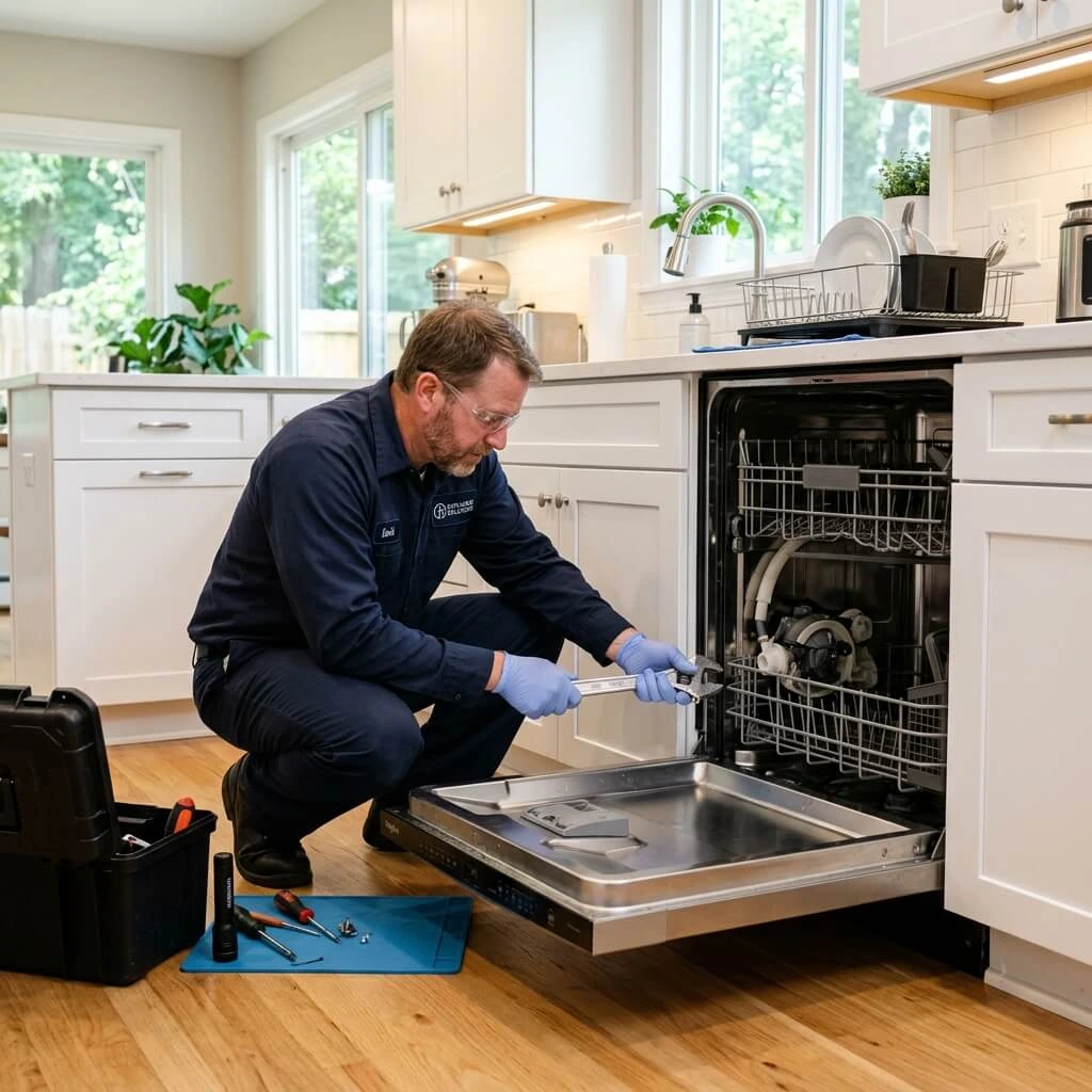 Technician_repairing_dishwasher_Greenmead