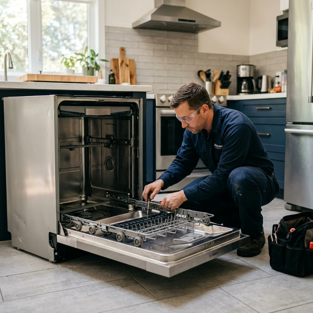 Technician repairing dishwasher in Rotary Park.