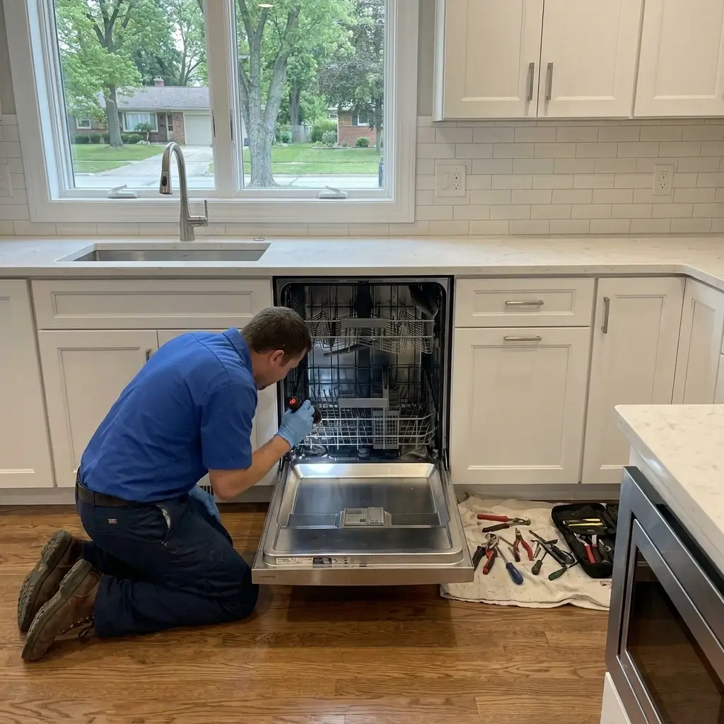 Appliance repair technician in blue uniform kneeling and repairing a built-in dishwasher in a Macomb County kitchen.