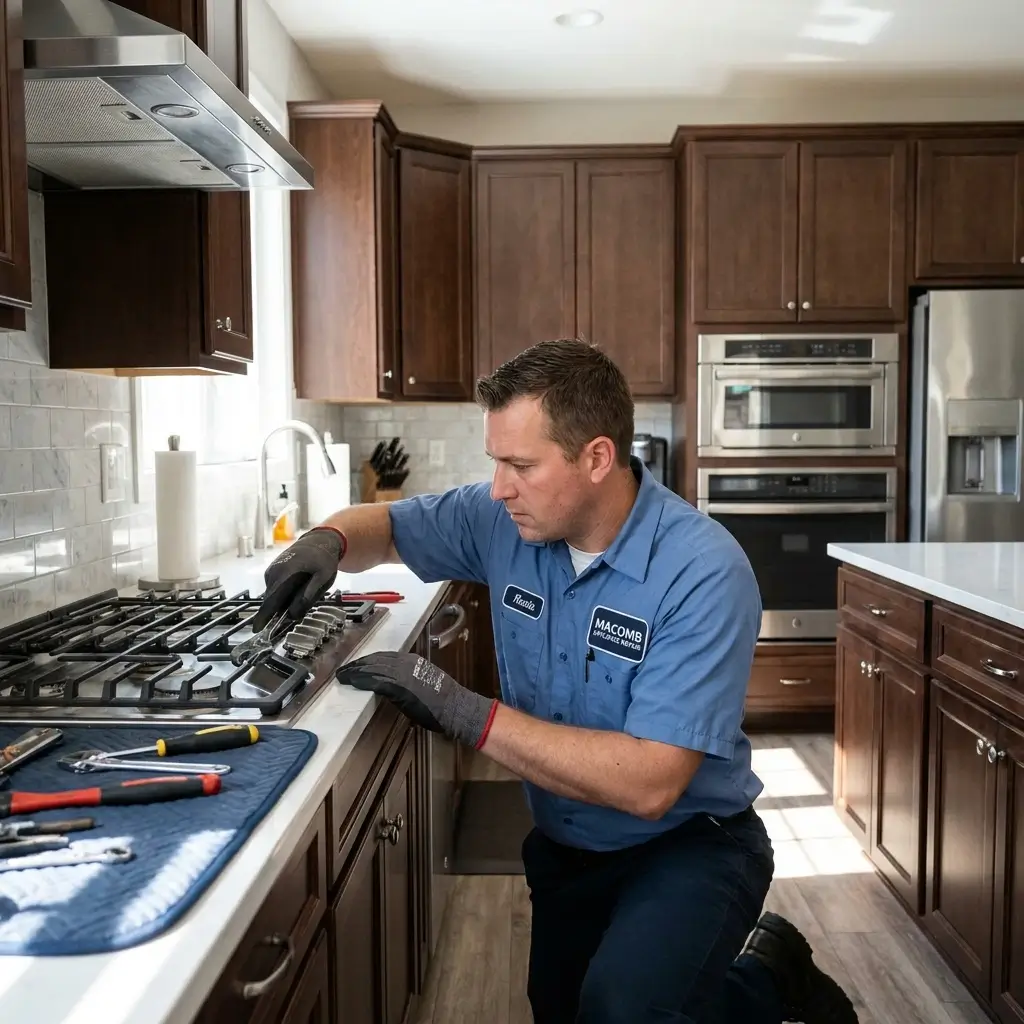 Macomb Appliance Repair technician in blue uniform carefully servicing a gas cooktop burner in an upscale Macomb County kitchen.