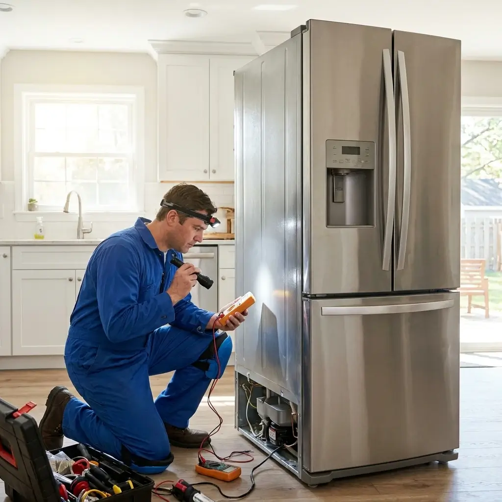 An appliance repair specialist in blue coveralls using a multimeter and flashlight to inspect a French door refrigerator compressor in Macomb County.