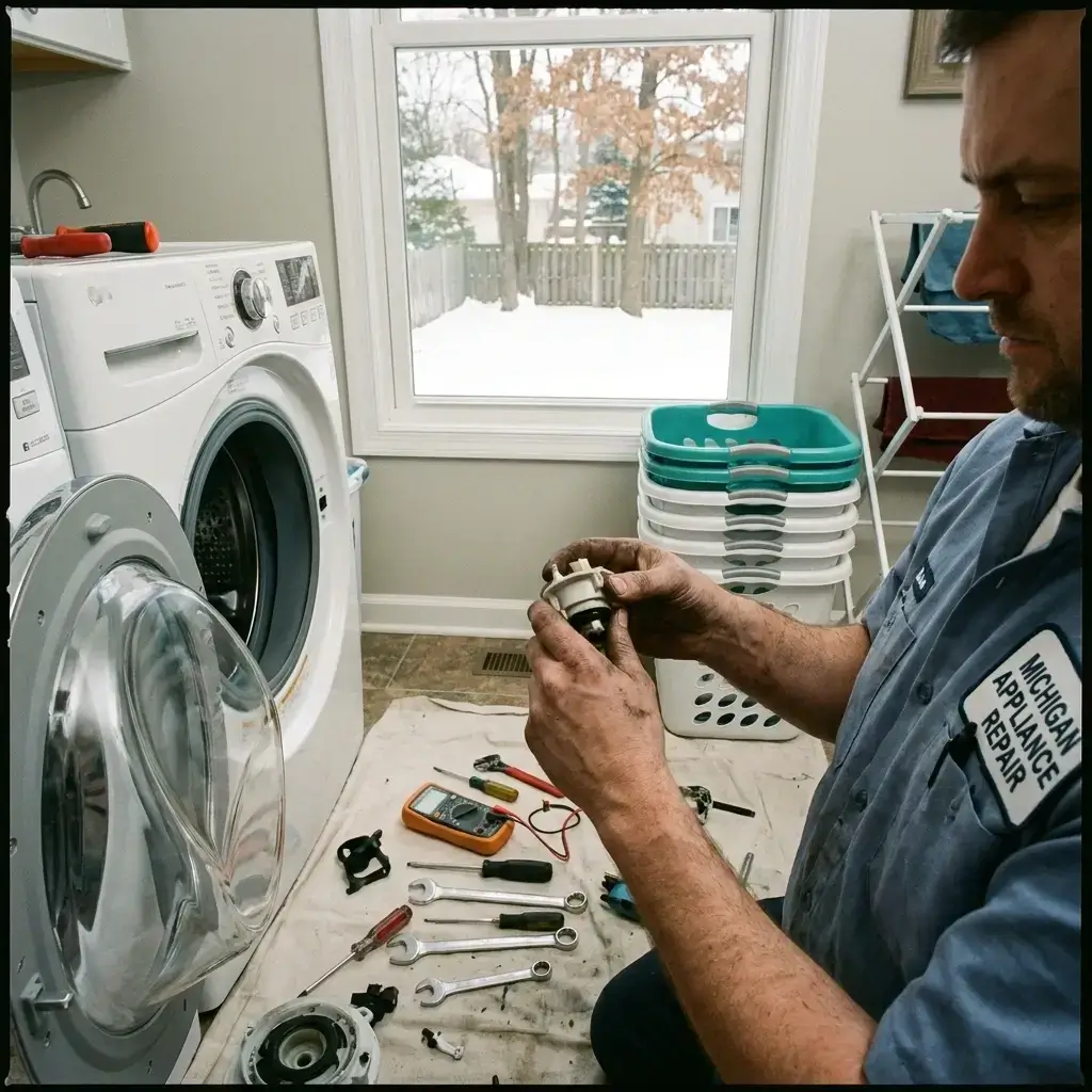 Michigan Appliance Repair technician examining a front-load washing machine motor component in a laundry room during winter.
