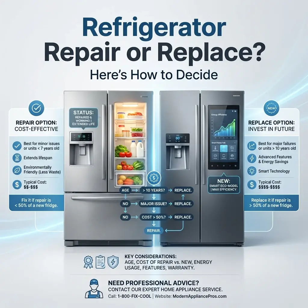 Infographic explaining when to repair or replace a refrigerator based on appliance age, repair cost, energy efficiency, and performance issues.