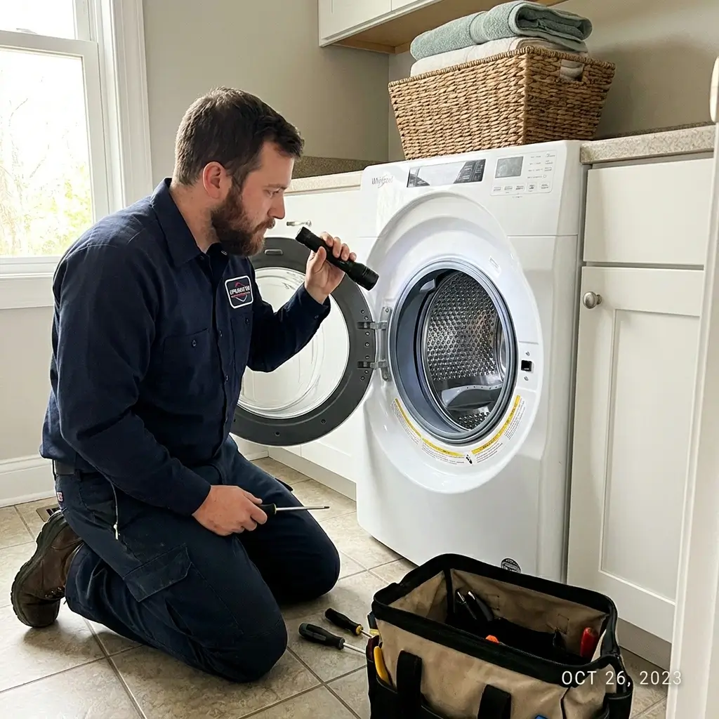 Technician inspecting a Whirlpool front-load washing machine with a flashlight during a same-day repair service in Livonia, MI