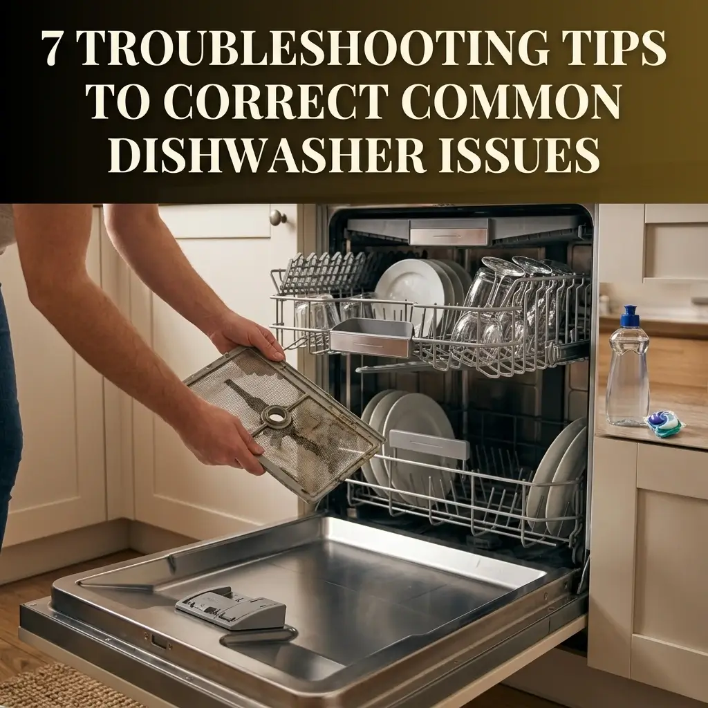 Infographic listing 7 dishwasher tips: right detergent, rinse aid, hot water first, avoid overloading, scrape plates, clean filter weekly, check spray arms