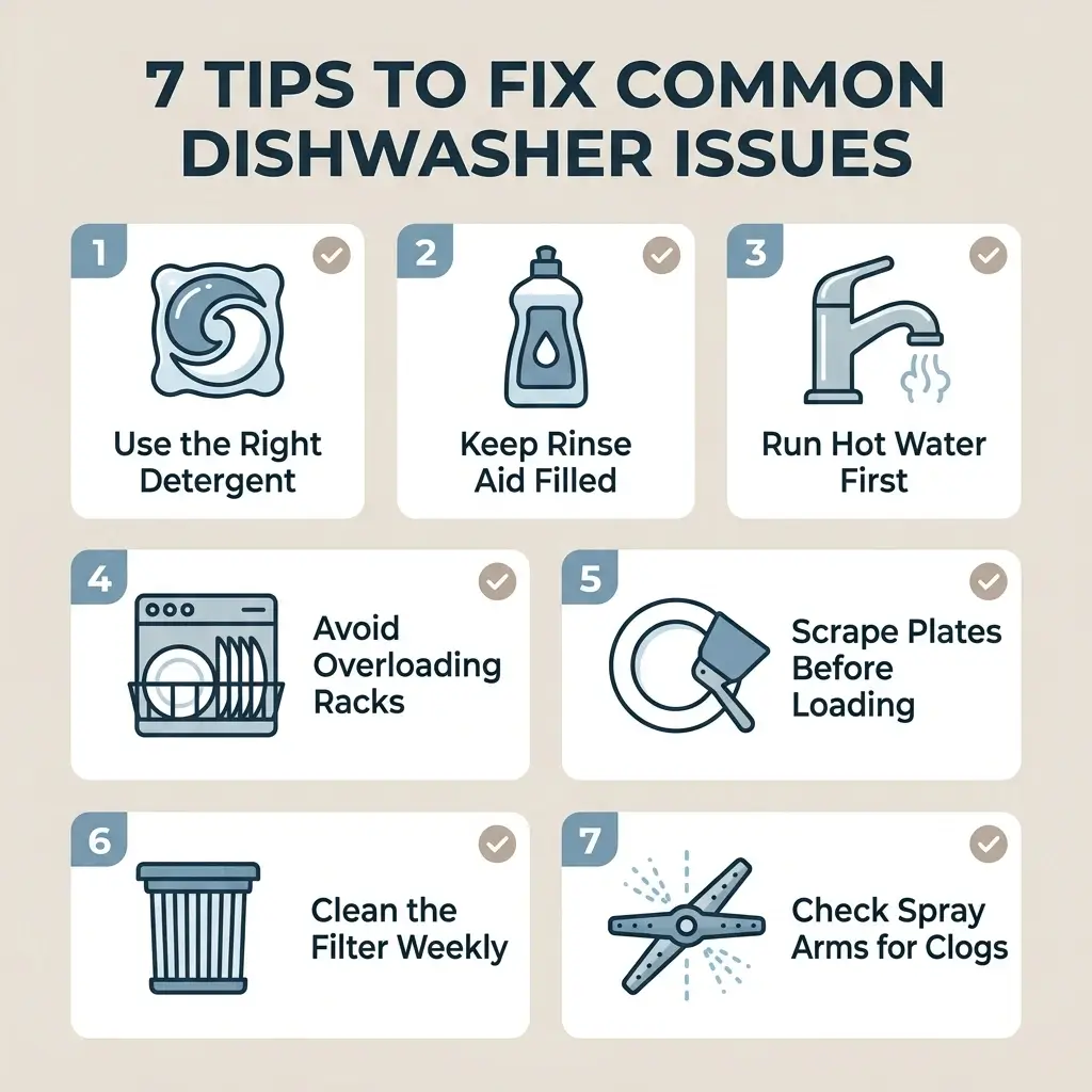 Person removing and cleaning a dirty dishwasher filter from an open dishwasher