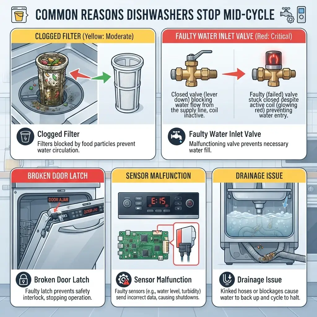 Infographic showing 5 common reasons dishwashers stop mid-cycle: clogged filter, faulty water inlet valve, broken door latch, sensor malfunction, and drainage issues, with severity levels and technical descriptions.