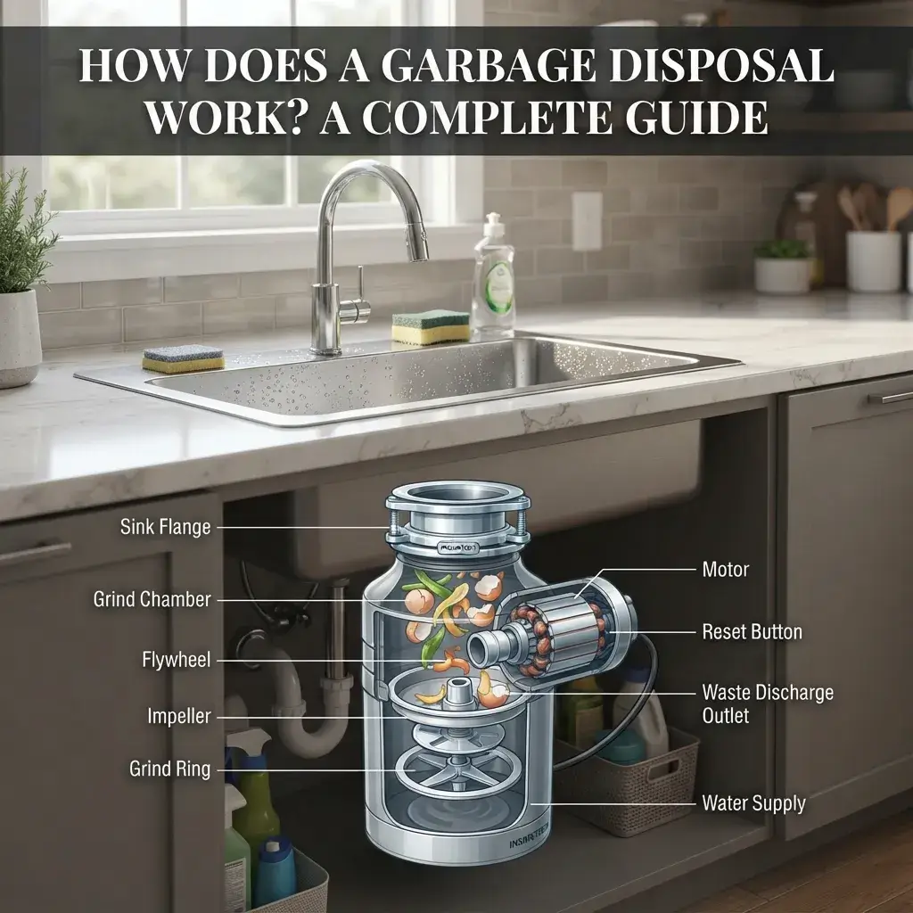 Illustration of a modern kitchen sink with an exploded-view diagram of a garbage disposal unit beneath it, labeling the sink flange, grind chamber, flywheel, impeller, grind ring, motor, reset button, waste discharge outlet, and water supply
