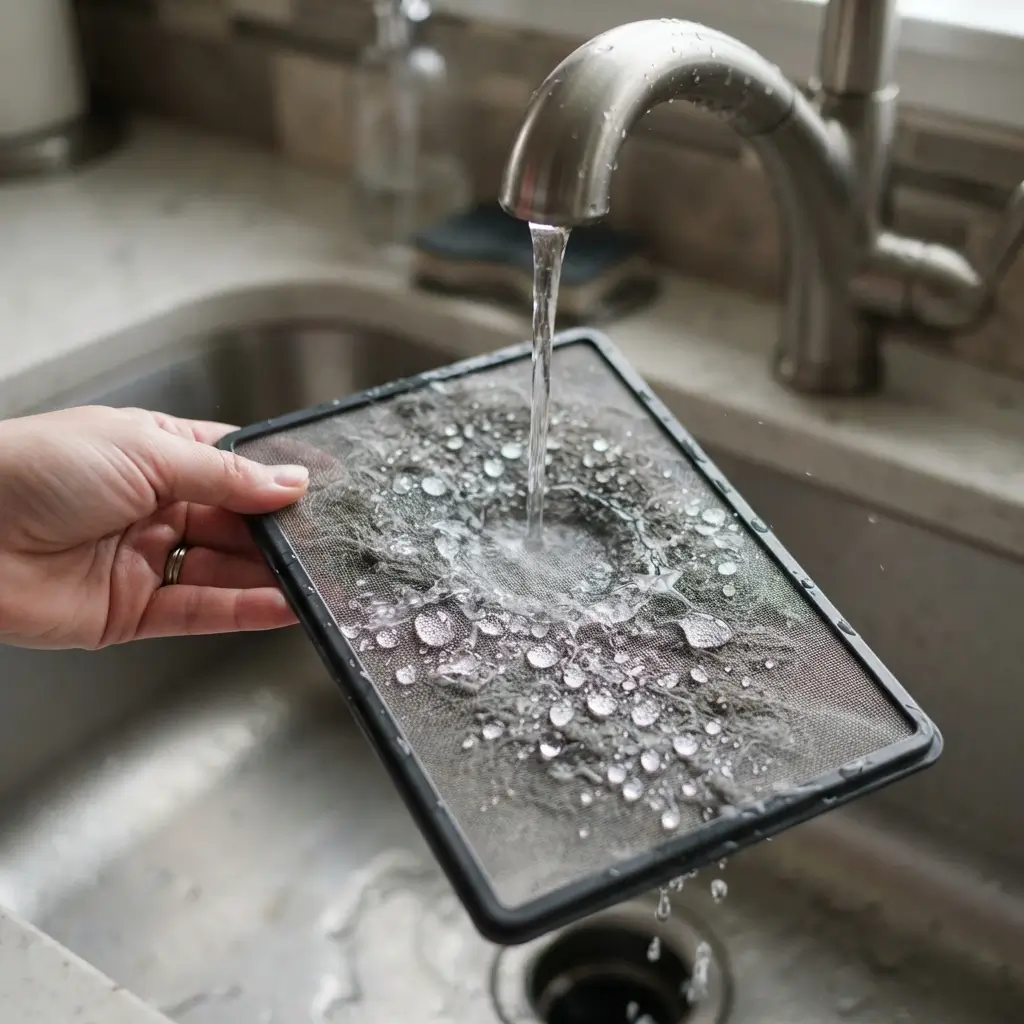 Lint screen water test showing fabric softener film blocking airflow
