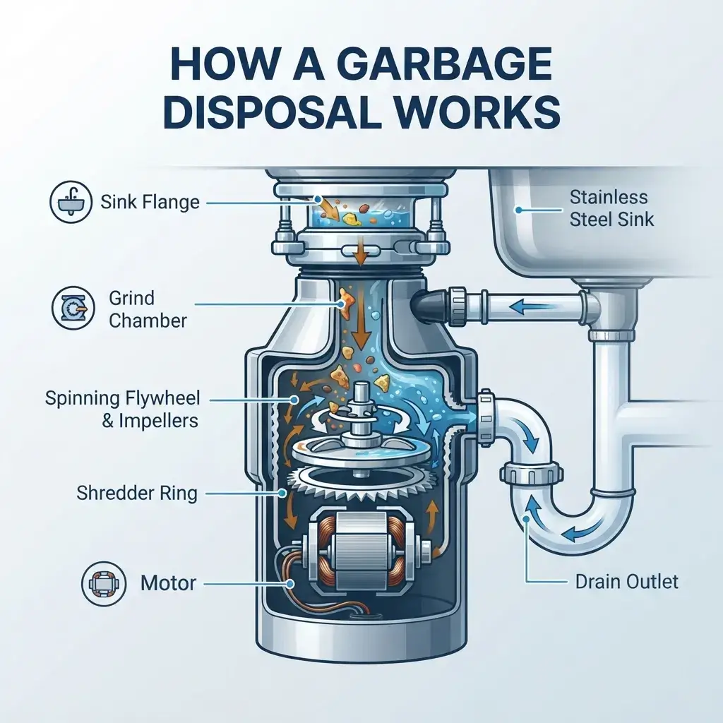 A labeled cutaway diagram showing the internal parts of a garbage disposal — from the sink flange down to the motor