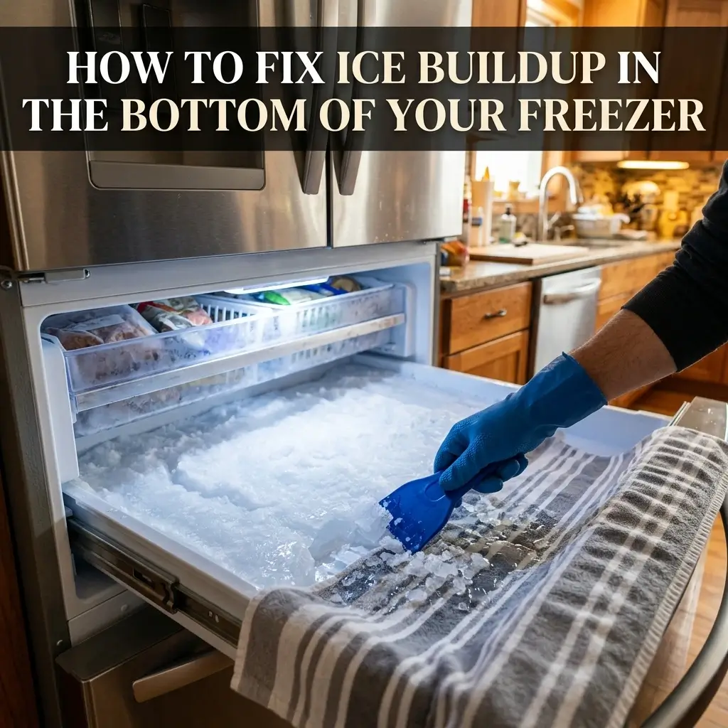 Person in blue gloves scraping thick ice buildup from the bottom drawer of a freezer