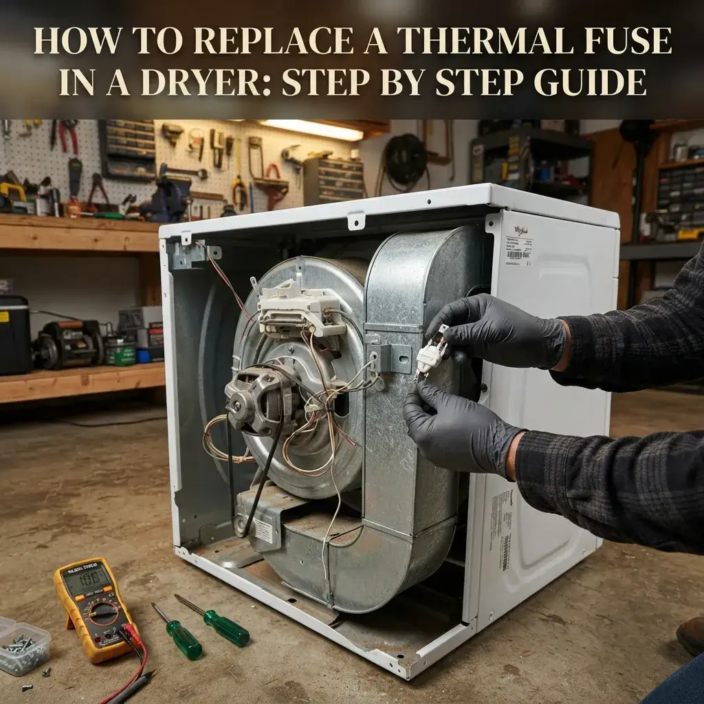 A repair technician wearing gloves works on the back panel of a Whirlpool dryer in a workshop, disconnecting wires near the blower housing and motor, with a digital multimeter and screwdrivers laid out on the floor nearby