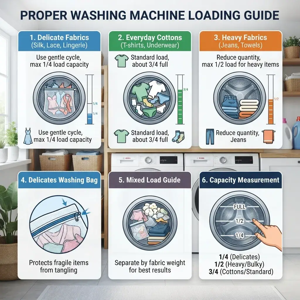 Six-panel infographic showing proper washing machine loading guide with visual drum representations for delicate fabrics (1/4 capacity), everyday cottons (3/4 full), heavy fabrics (1/2 capacity), mesh bags for delicates, mixed load organization, and capacity measurement indicators