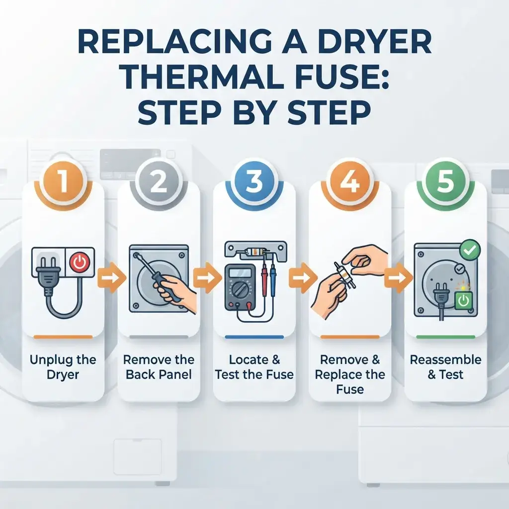 Step-by-step infographic illustrating how to replace a dryer thermal fuse in five stages: unplugging the dryer, removing the back panel, locating and testing the fuse with a multimeter, removing and replacing the fuse, and reassembling and testing the dryer