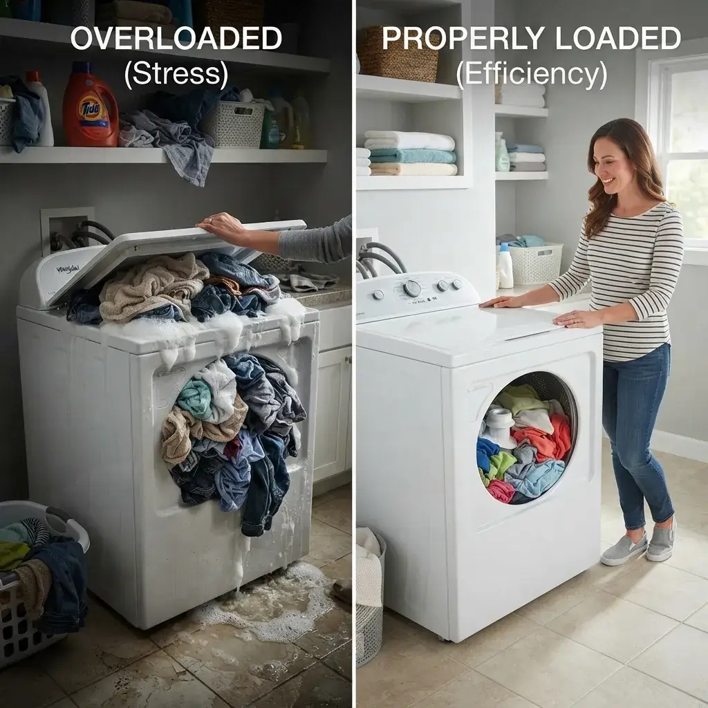 Instructional infographic showing proper loading techniques for different fabric types. Display as 4-6 panels or cards: PANEL 1: Delicate fabrics (silk, lace, lingerie) - Show mesh laundry bag with delicate items - Label: "Use gentle cycle, max 1/4 load capacity" - Visual indicator showing light loading PANEL 2: Everyday cottons (t-shirts, underwear) - Show loosely arranged cotton items - Label: "Standard load, about 3/4 full" - Visual measurement guide PANEL 3: Heavy fabrics (jeans, towels) - Show jeans and towels with spacing between items - Label: "Reduce quantity, max 1/2 load for heavy items" - Spacing emphasized PANEL 4: Delicates washing bag - Show proper use of mesh bag - Label: "Protects fragile items from tangling" PANEL 5: Mixed load guide - Show balanced mix of different fabric weights - Label: "Separate by fabric weight for best results" PANEL 6: Capacity measurement - Show washing machine drum with fill line indicators - 1/4, 1/2, 3/4, and full capacity marked - Which levels for different load types Professional infographic style with icons, color-coding by fabric type (delicate=blue, cotton=green, heavy=orange). Clear measurements and visual hierarchy. Kitchen/laundry room setting visible. Keywords: How to load washing machine, fabric types laundry, washing machine capacity, delicate fabrics care, heavy load laundry, laundry sorting, proper washing techniques, appliance care