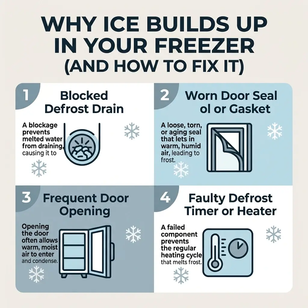 Infographic showing 4 causes of freezer ice buildup: blocked defrost drain, worn door seal, frequent door opening, faulty defrost timer