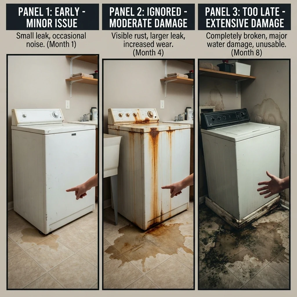 Washer damage progression from minor leak to major water damage over 8 months in Livonia MI home