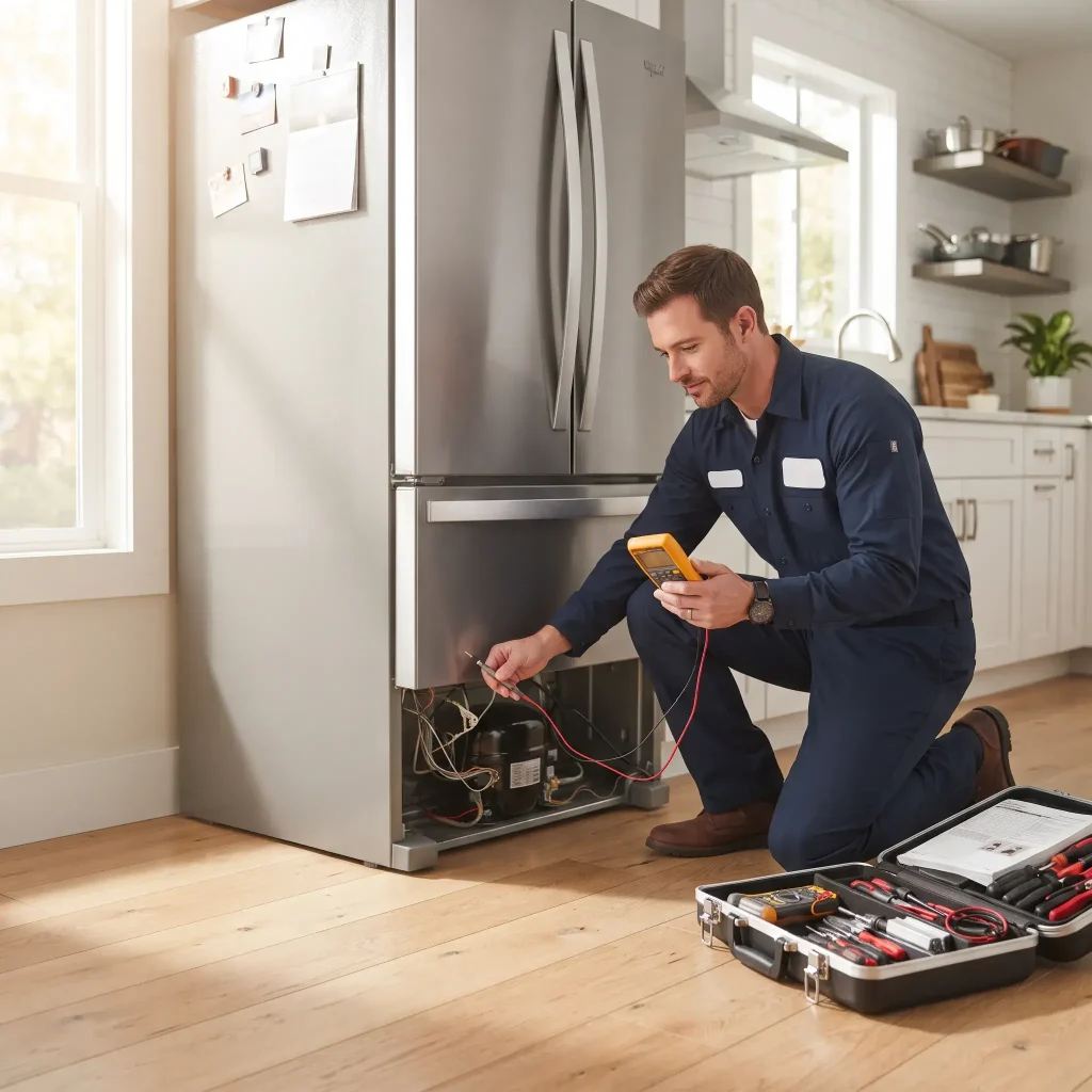 Appliance repair technician using multimeter to diagnose refrigerator compressor issue in Livonia, MI home