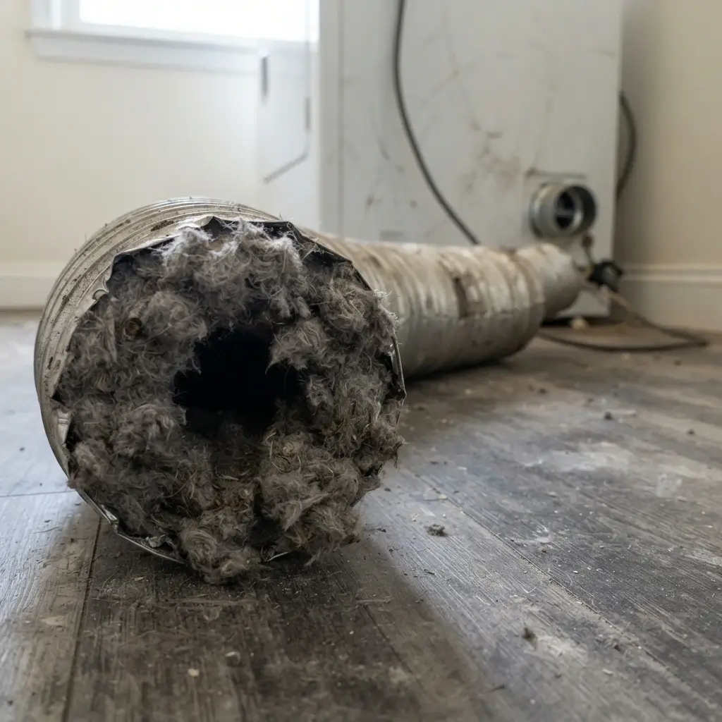 Clogged dryer vent symptoms showing heavy lint buildup inside the duct
