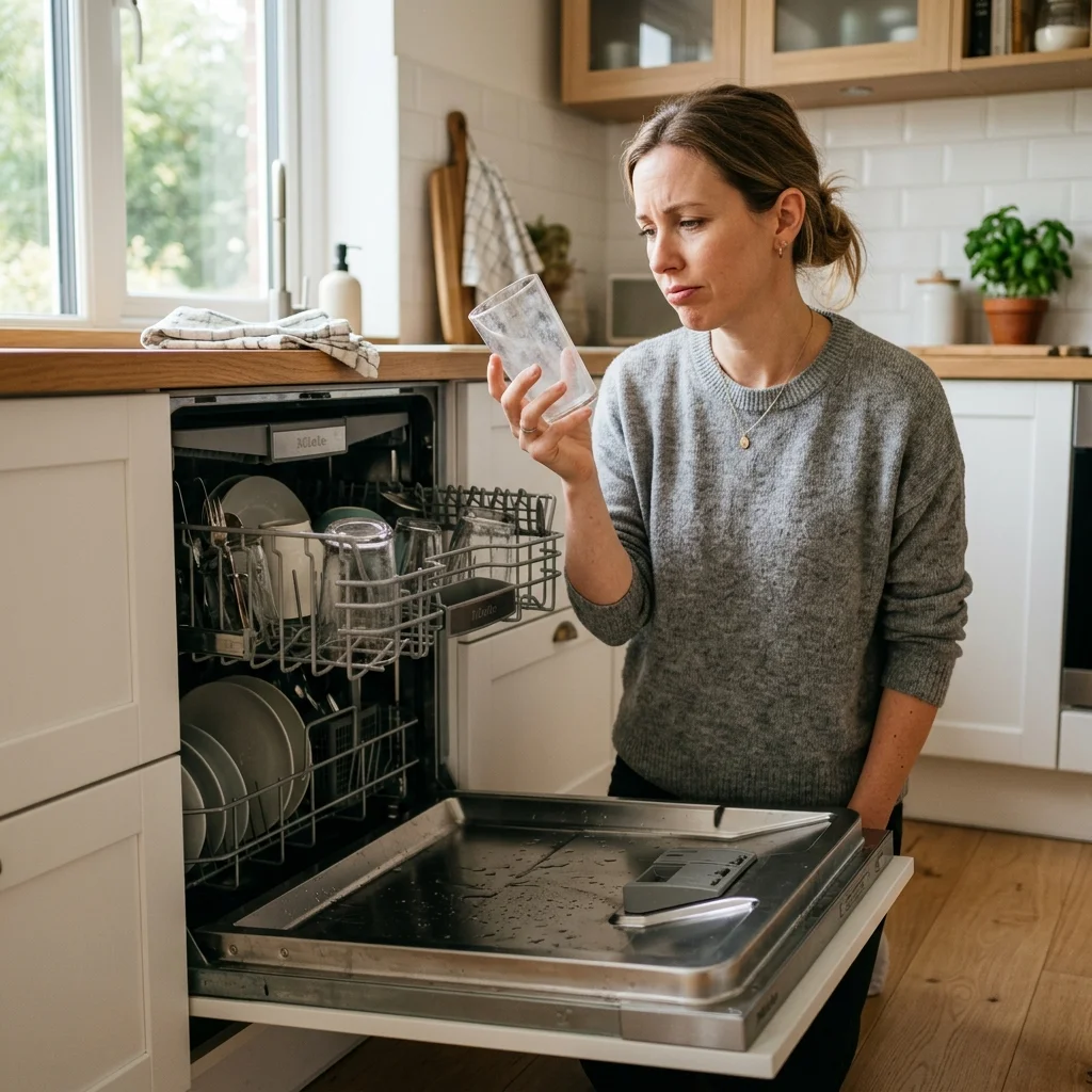 Woman inspecting cloudy, dirty glass after running the dishwasher cycle. Dishwasher Leaving Dishes Dirty