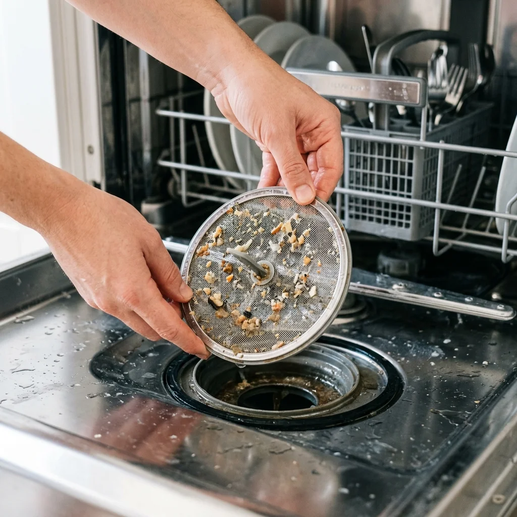 Dirty dishwasher filter full of food debris causing dishes to stay dirty