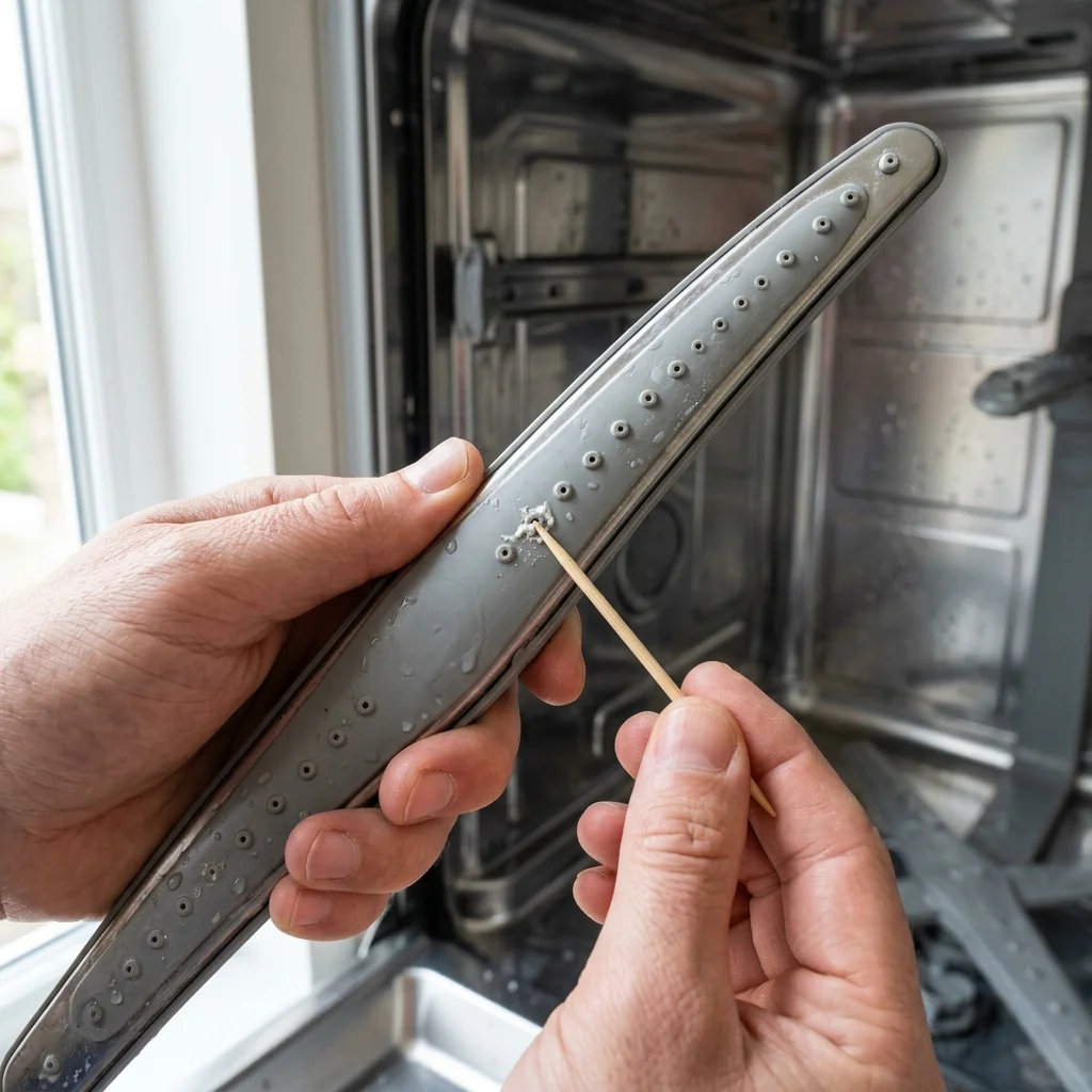 Cleaning clogged dishwasher spray arm holes with a toothpick to fix dirty dishes
