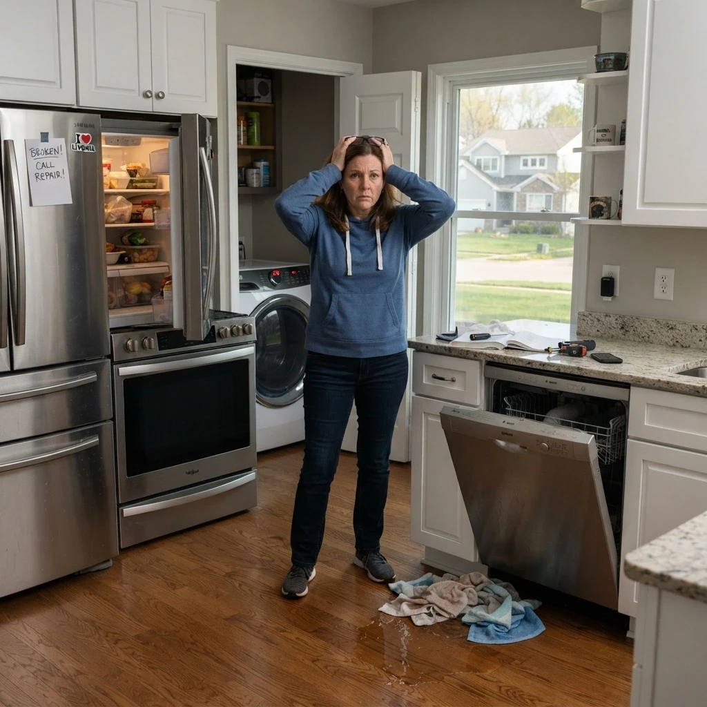 Frustrated Livonia homeowner facing multiple broken kitchen appliances and water leak