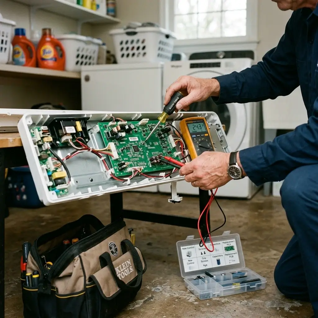 Technician using a multimeter to diagnose a washing machine control board during appliance repair in Livonia, MI