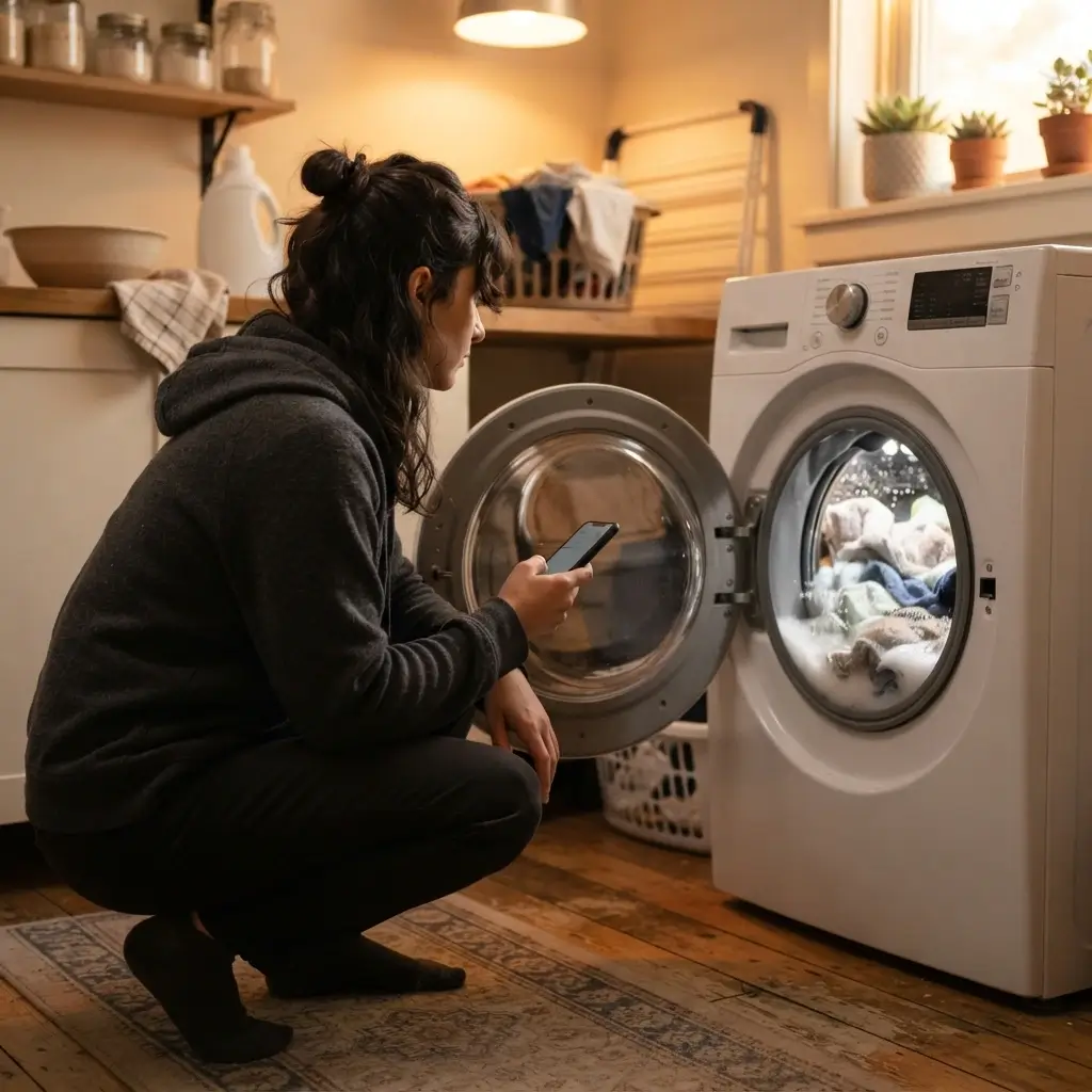 Homeowner watching a washer cycle to find when the leak appears