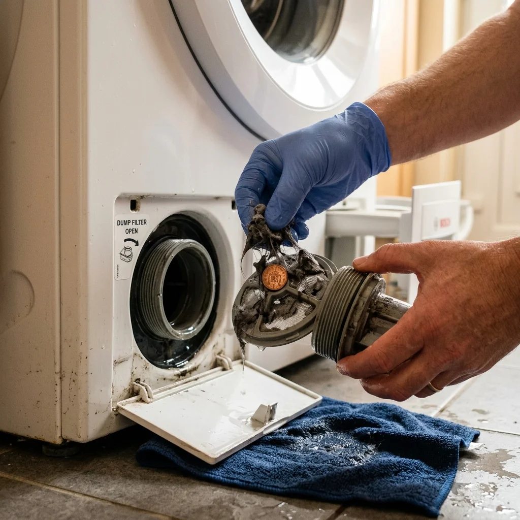Person cleaning clogged washing machine drain filter with debris and coin stuck inside