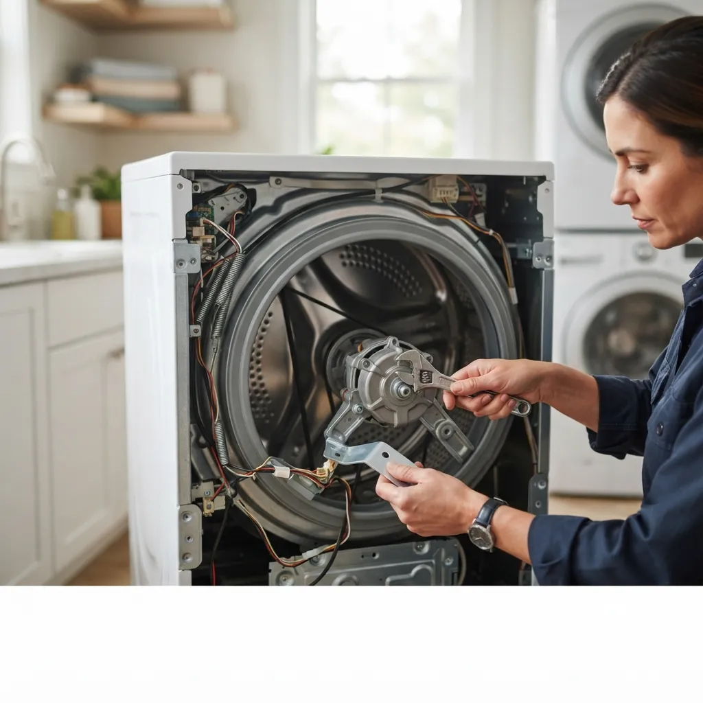 Technician repairing washing machine drum motor with wrench during appliance repair service in Livonia, MI