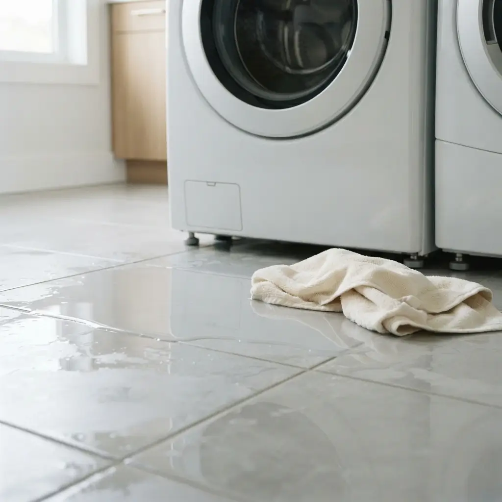 Washing machine leaking water from the bottom onto a laundry room floor