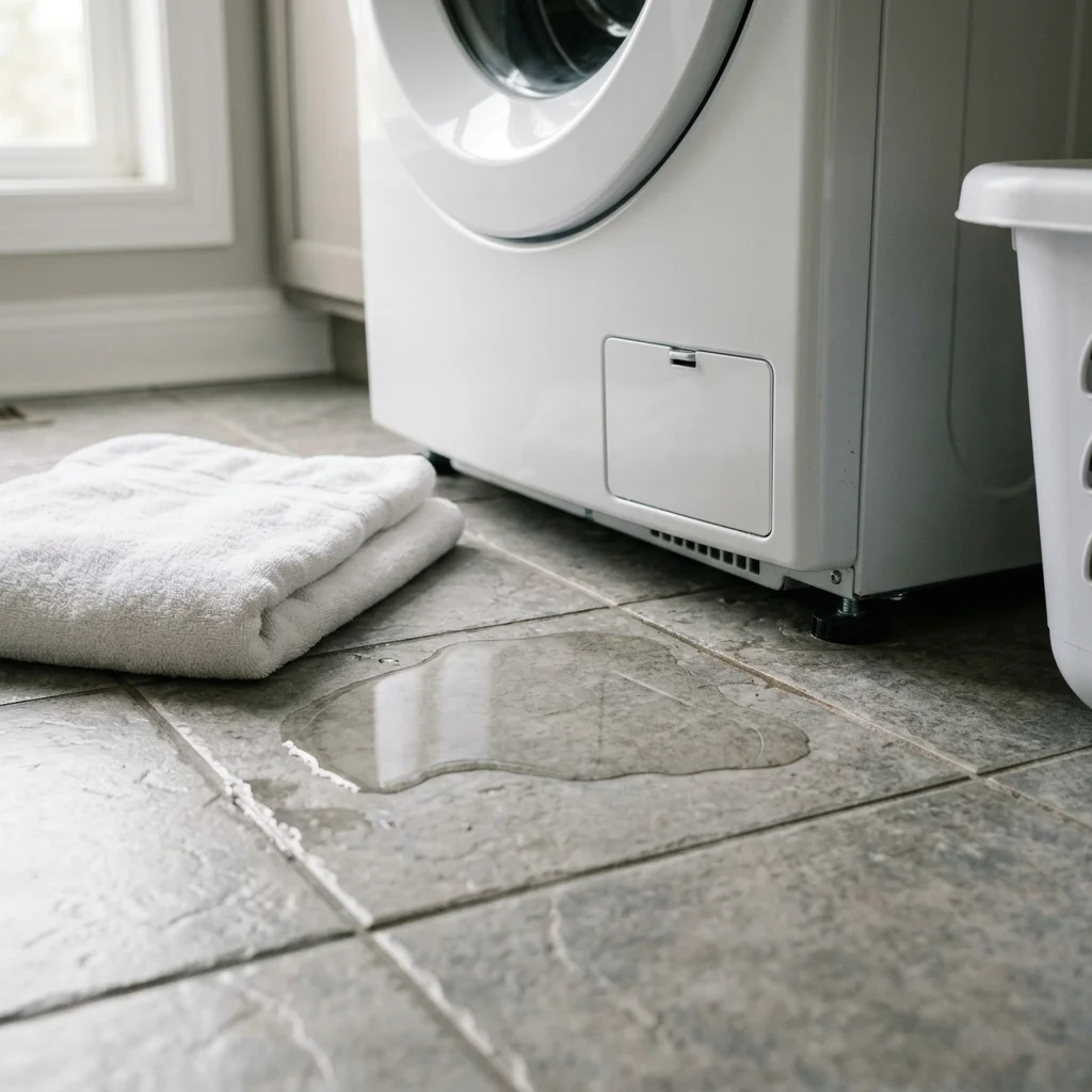 Water puddle leaking from washing machine onto tiled laundry room floor