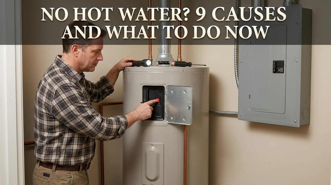 A clean, modern diagnostic infographic titled "NO HOT WATER: SYMPTOM-TO-CAUSE QUICK REFERENCE" in bold sans-serif font at top. Eight small panels arranged in a grid, each with a minimalist icon, symptom label, and likely-cause label: 1 "No Hot Water, Electric" with a breaker-switch icon → "Tripped Breaker or Reset Button." 2 "No Hot Water, Gas" with a flame icon → "Pilot Out or Gas Valve Closed." 3 "Lukewarm Everywhere" with a thermometer icon → "Failed Element or Broken Dip Tube." 4 "Runs Out Fast" with a draining-tank icon → "Sediment or Lower Element." 5 "Cold in One Shower" with a showerhead icon → "Worn Mixing Valve Cartridge." 6 "Tankless Throws Cold Water" with a digital-display icon → "Error Code, Scale, or Overload." 7 "Popping or Rumbling" with a sound-wave icon → "Sediment Buildup." 8 "Water Pooling at Base" with a warning-drop icon → "Tank Leak - Call a Pro." Soft neutral background (white, steel-grey, warm blue accents), clean home-service/diagnostic aesthetic, flat-design icons, high detail