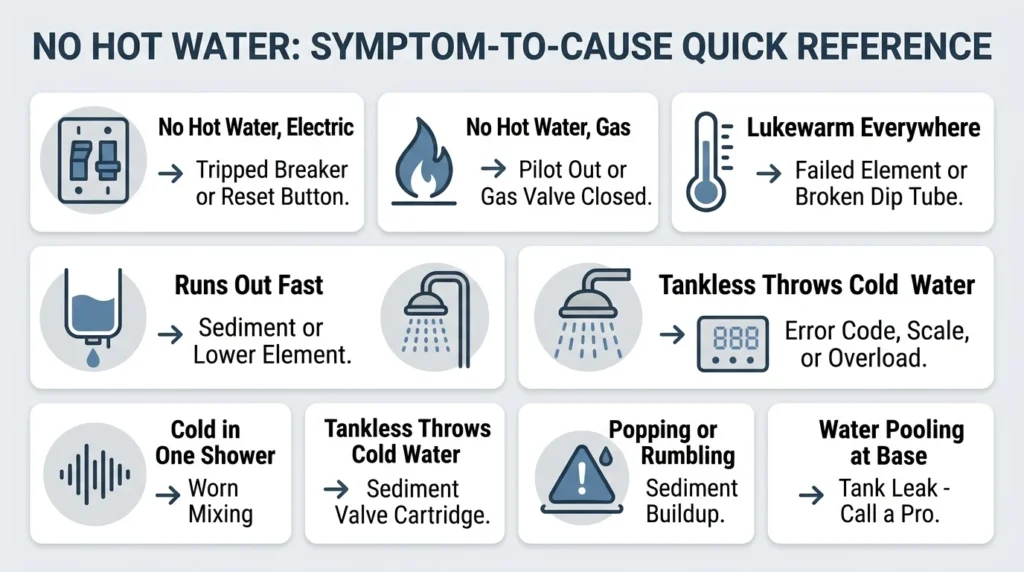 Infographic titled "No Hot Water: Symptom-to-Cause Quick Reference" showing eight common symptoms matched to likely causes with icons