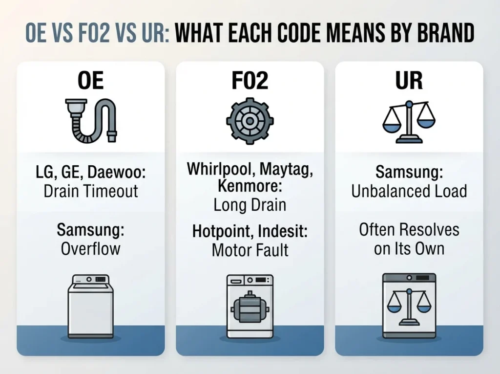 Infographic titled "OE vs F02 vs UR: What Each Code Means by Brand" comparing the three error codes across different washer brands with their likely causes