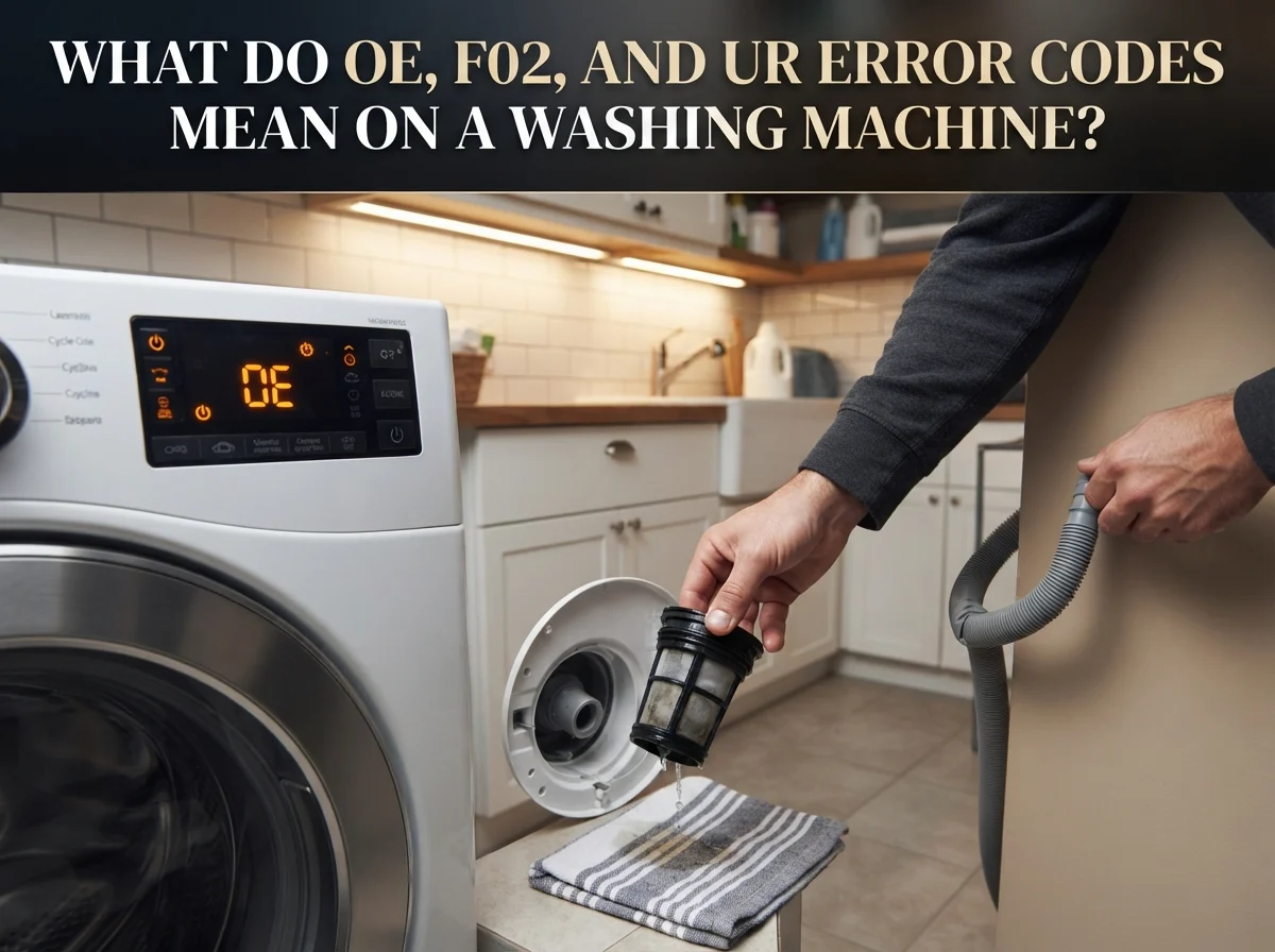 Washing machine control panel displaying an OE error code, with a technician's hand checking the drain hose and pump filter, text overlay reads "What Do OE, F02, and UR Error Codes Mean on a Washing Machine?"